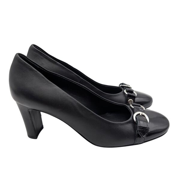 AGL Irina Cap Toe Block Heel Pump Buckle Strap Women's Black Size US8 EU38 - Picture 5 of 11